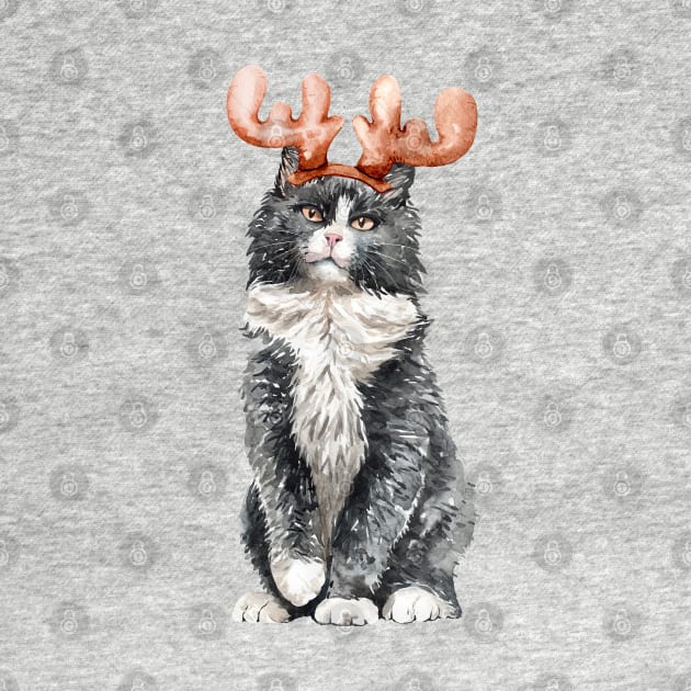 Funny Watercolor Black & White Cat with Moose Horns by labatchino